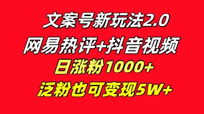 文案号新玩法,网易热评+抖音文案 一周轻松涨粉 5W+ 多种变现模式-优优云创网