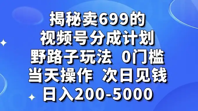 揭秘卖 699 的视频号分成计划野路子玩法,日入 200-5000,0 门槛,当天操作,次日见钱-优优云创网