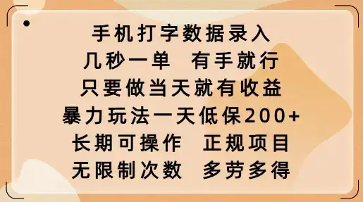 手机打字数据录入,几秒一单,有手就行,只要做当天就有收益,暴力玩法一天低保2张