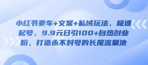小红书豪车+文案+私域玩法,极速起号,9.9元日引100+自热创业粉,打造永不封号的长尾流量池