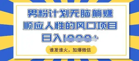 男粉计划无脑躺Z,顺应人性的风口项目,谁发谁火,加爆微信,日入多张【揭秘】