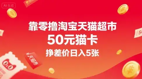 靠零撸淘宝天猫超市50元猫卡,挣差价日入5张