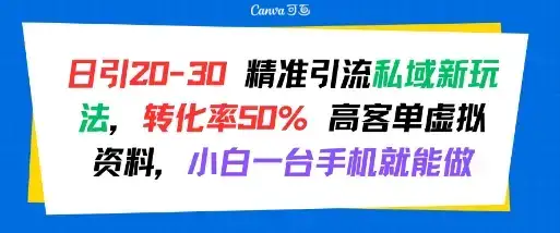 日引 20-30 精准引流私域新玩法,转化率50% 高客单虚拟资料,小白一台手机就能做