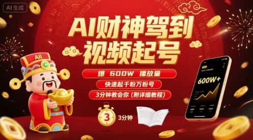 AI财神驾到视频起号,爆600W播放量,快速起千粉万粉号,3分钟教会你(附详细教程)