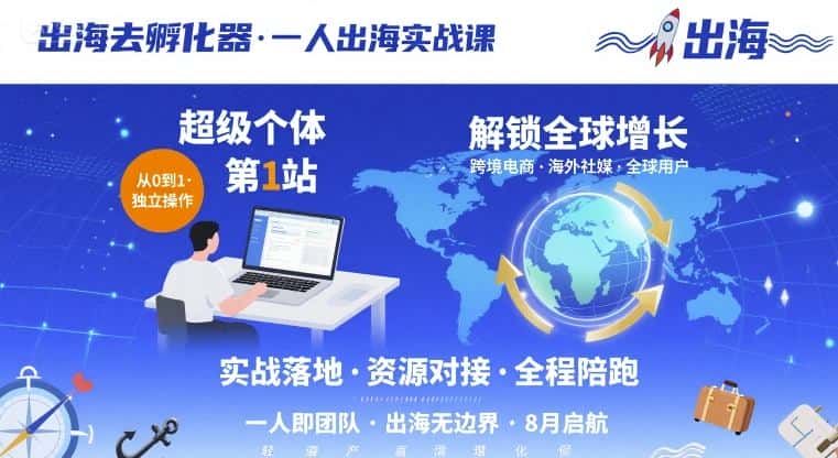 【精】出海去孵化器,一人出海实战课,超级个体第1站,解锁全球增长-优优云创网 【精】出海去孵化器,一人出海实战课,超级个体第1站,解锁全球增长-优优云创网