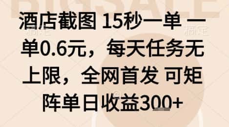 酒店截图项目,15秒一单,一单0.6米,每天任务无上限,全网首发可矩阵单日收益3张+【揭秘】
