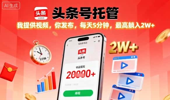 【头条号托管】我提供视频,你发布,每天5分钟,最高躺入2W+【揭秘】