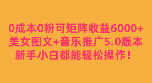 0成本0粉可矩阵月收益6000+，美女图文+音乐推广5.0版本，新手小白都能轻松操作！-优优云创网