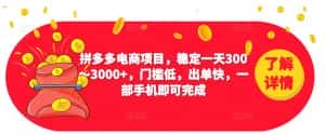 2023拼多多电商项目,稳定一天300~3000+,门槛低,出单快,一部手机即可完成-优优云创网