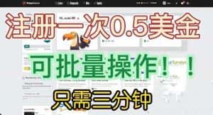 （6285期）国外项目注册一次0.5美金 只需三分钟无脑操作 可批量放大 小白工作室福利-优优云创网
