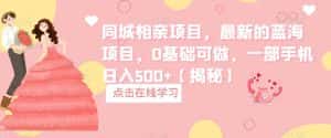 同城相亲项目,最新的蓝海项目,0基础可做,一部手机日入500+【揭秘】-优优云创网