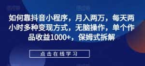 如何靠抖音小程序，月入两万，每天两小时多种变现方式，无脑操作，单个作品收益1000+，保姆式拆解-优优云创网