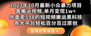 2023年10月最新小众暴力项目,靠搬运视频,单月变现1w+,外面卖598的短视频搬运黑科技,各大平台轻松百分百过原创-优优云创网