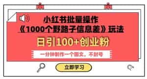 小红书批量操作《1000个野路子信息差》玩法,一分钟制作一个图文,不封号,日引100+创业粉-优优云创网
