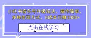 小红书音乐号升级玩法,操作简单,多种变现方式,0成本日赚1000+【揭秘】-优优云创网