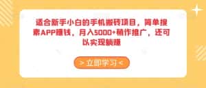 适合新手小白的手机搬砖项目,简单搜素APP赚钱,月入5000+稍作推广,还可以实现躺赚【揭秘】-优优云创网