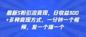 最新S粉引流变现,日收益300+多种变现方式,一分钟一个视频,发一个爆一个-优优云创网