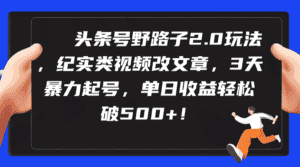 (9488期)头条号野路子2.0玩法,纪实类视频改文章,3天暴力起号,单日收益轻松破500+-优优云创网