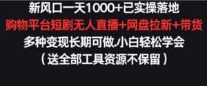 新风口一天1000+已实操落地购物平台短剧无人直播+网盘拉新+带货多种变现长期可做-优优云创网
