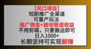 【风口项目】短剧推广全渠道最新双重收益玩法，推广佣金管道收益，不用剪辑，只要搬运即可-优优云创网