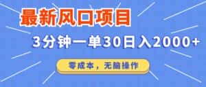 （12272期）最新风口项目操作，3分钟一单30。日入2000左右，零成本，无脑操作。-优优云创网