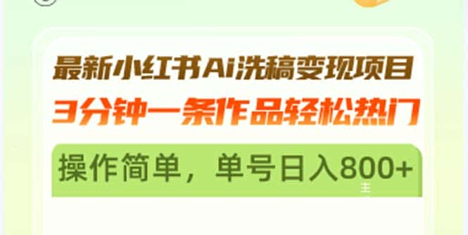 （13182期）最新小红书Ai洗稿变现项目 3分钟一条作品轻松热门 操作简单，单号日入800+-优优云创网