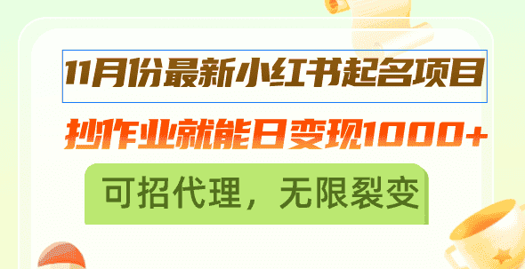 (13256期)11月份最新小红书起名项目,抄作业就能日变现1000+,可招代理,无限裂变-优优云创网