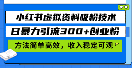(13345期)小红书虚拟资料吸粉技术,日暴力引流300+创业粉,方法简单高效,收入稳…-优优云创网