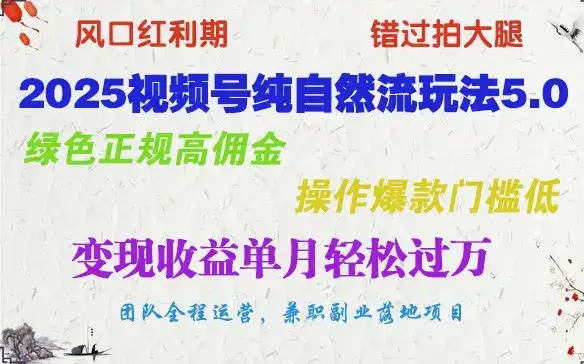 2025视频号纯自然流玩法5.0,绿色正规高佣金,操作爆款门槛低,变现收益单月轻松过万-优优云创网