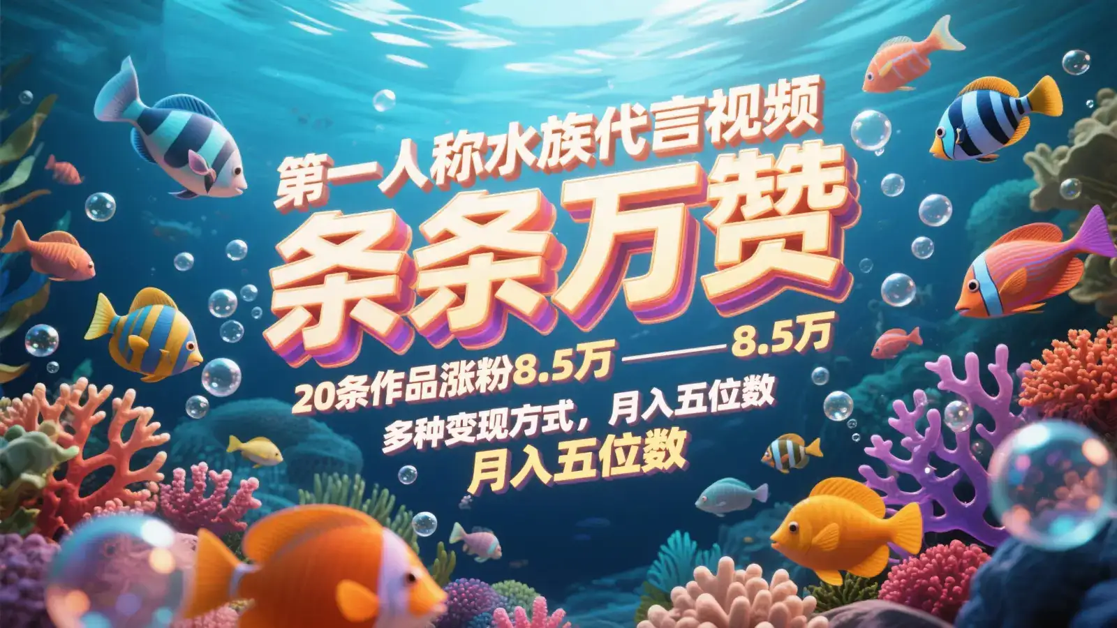 第一人称水族代言视频,条条万赞,20条作品涨粉8.5万,多种变现方式月,入五位数-优优云创网