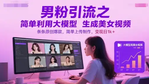 男粉引流之简单利用大模型生成美女视频，条条原创爆款，简单上传制作，变现日1k+-优优云创网