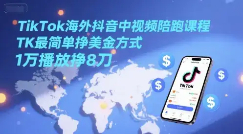 TikTok海外抖音中视频陪跑课程，TK最简单挣美金方式，1万播放挣8刀-优优云创网