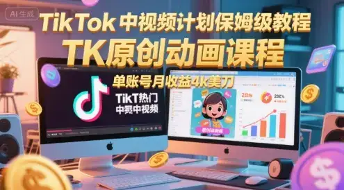 TikTok中视频计划保姆级教程，TK原创动画课程，单账号月收益4k美刀-优优云创网