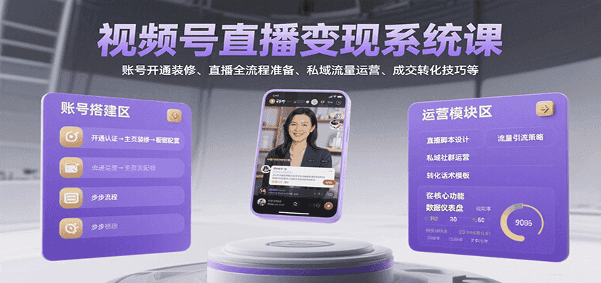 视频号直播变现系统课,账号开通装修、直播全流程准备、私域流量运营、成交转化技巧等-优优云创网