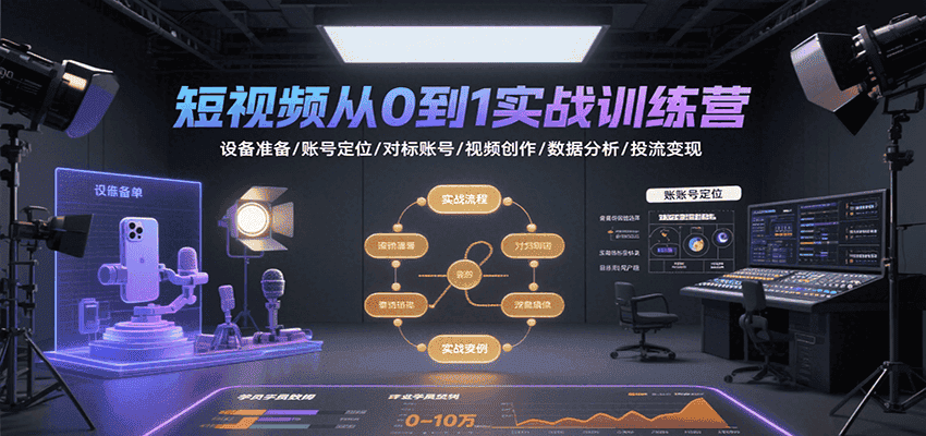 短视频从0到1实战训练营:设备准备/账号定位/对标账号/视频创作/数据分析/投流变现-优优云创网