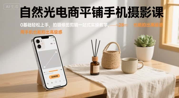 自然光电商平铺手机摄影课，0基础轻松上手，拍摄修图剪辑一站式实操教学，用手机也能拍出高级感-优优云创网