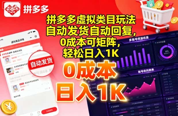 拼多多虚拟类目玩法，自动发货自动回复，0成本可矩阵，轻松日入1K【揭秘】-优优云创网