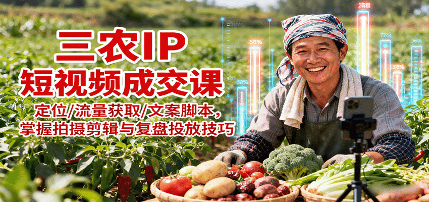三农IP短视频成交课:定位/流量获取/文案脚本,掌握拍摄剪辑与复盘投放技巧-优优云创网