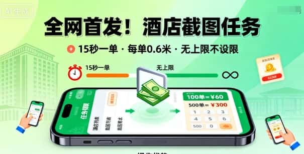 全网首发！酒店截图任务，15秒一单，每单0.6米，任务无上限不设限，矩阵操作单日3张到手【揭秘】-优优云创网
