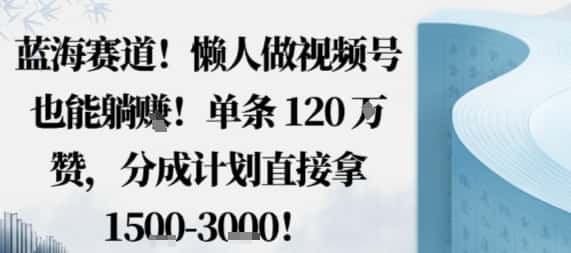 蓝海赛道，懒人做视频号也能躺挣，单条120W赞，分成计划直接拿1.5k，不用拍不用剪-优优云创网