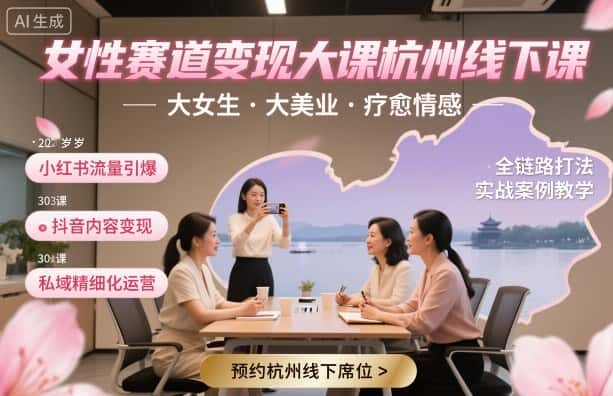 女性赛道变现大课杭州线下，大女生，大美业，疗愈情感，一套小红书、抖音、私域全链路打法-优优云创网