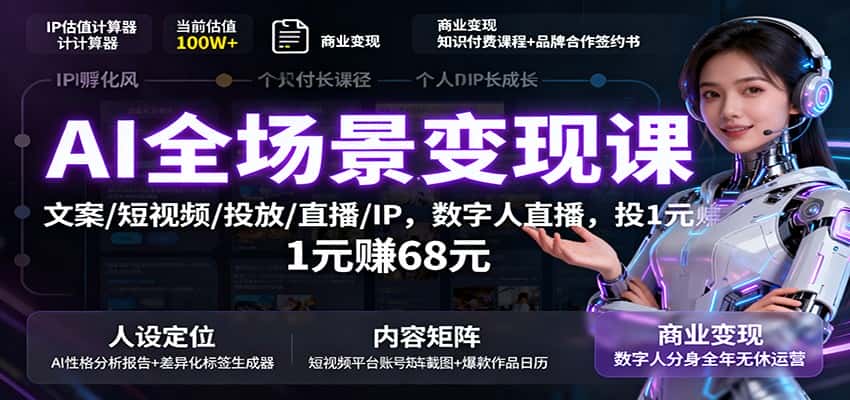 AI全场景变现课:文案/短视频/投放/直播/IP,数字人直播,投1元赚68元-优优云创网