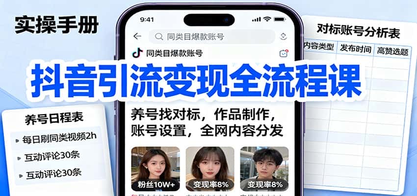 抖音引流变现全流程课:养号找对标,作品制作,账号设置,全网内容分发-优优云创网
