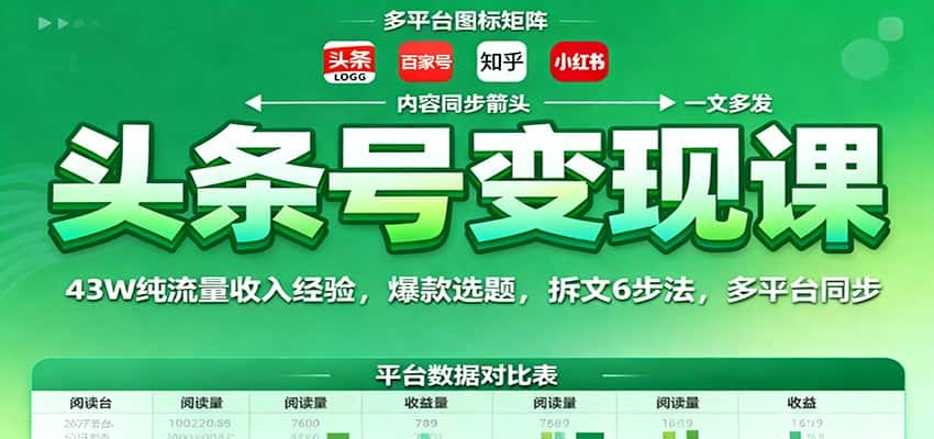 头条号变现课:43W纯流量收入经验,爆款选题,拆文6步法,多平台同步-优优云创网