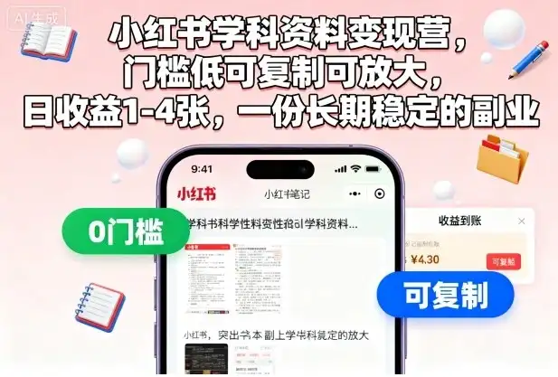 【精】小红书学科资料变现营，门槛低可复制可放大，日收益1-4张，一份长期稳定的副业-优优云创网