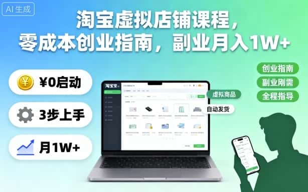 淘宝虚拟店铺课程，零成本创业指南，副业月入1W+-优优云创网