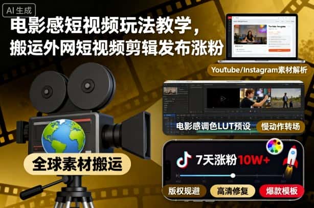 电影感短视频玩法教学，搬运外网短视频剪辑发布涨粉-优优云创网