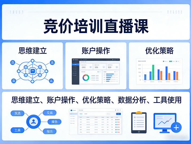 20260402165013889-aa6a82dfa137bdaae2cec5cfbb35e443 竞价培训直播课,覆盖思维建立、账户操作、优化策略、数据分析、工具使用等,全方位提升效果