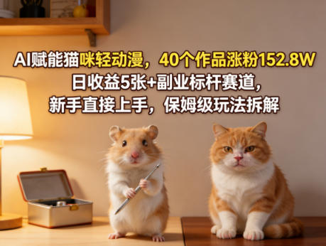 AI赋能猫咪轻动漫，40个作品涨粉152.8W，日收益5张+副业标杆赛道，新手直接上手，保姆级玩法拆解-优优云创网