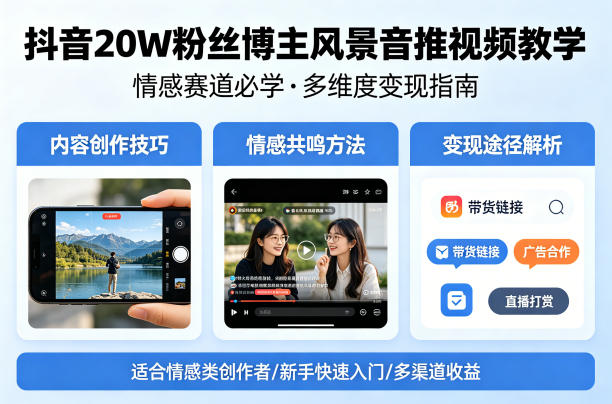 抖音20W粉丝博主风景音推视频教学，情感赛道必学，各种变现途径-优优云创网